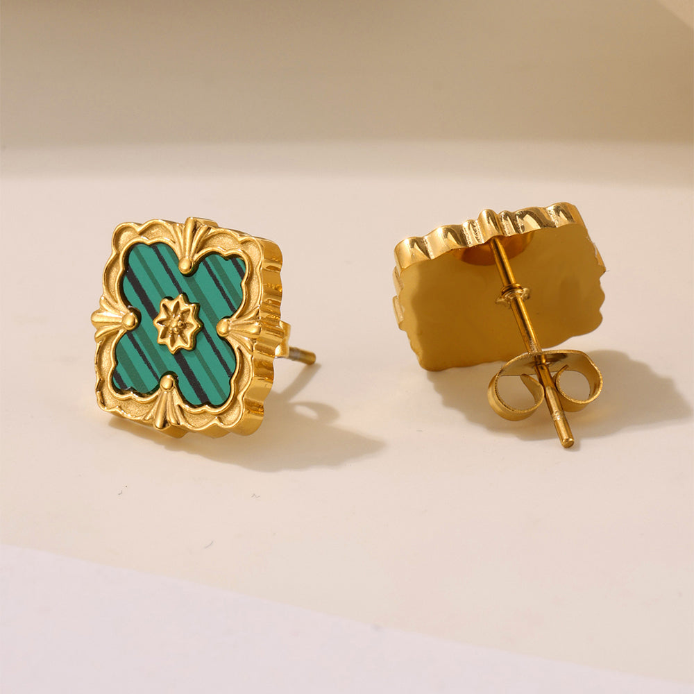 St. Patrick’s Day Lucky Green Clover Earrings in Polished Gold