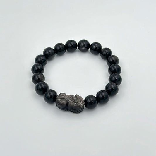 Couple's Pixiu Silver Obsidian Bracelet