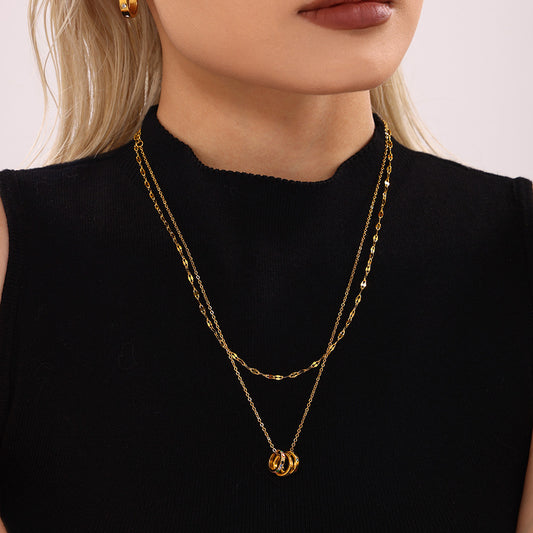 Three-ring mixed-color diamond stacked necklace