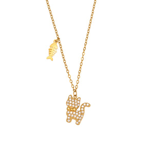 Diamond cat fishbone necklace