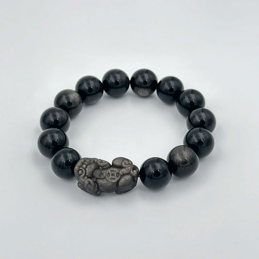 Couple's Pixiu Silver Obsidian Bracelet