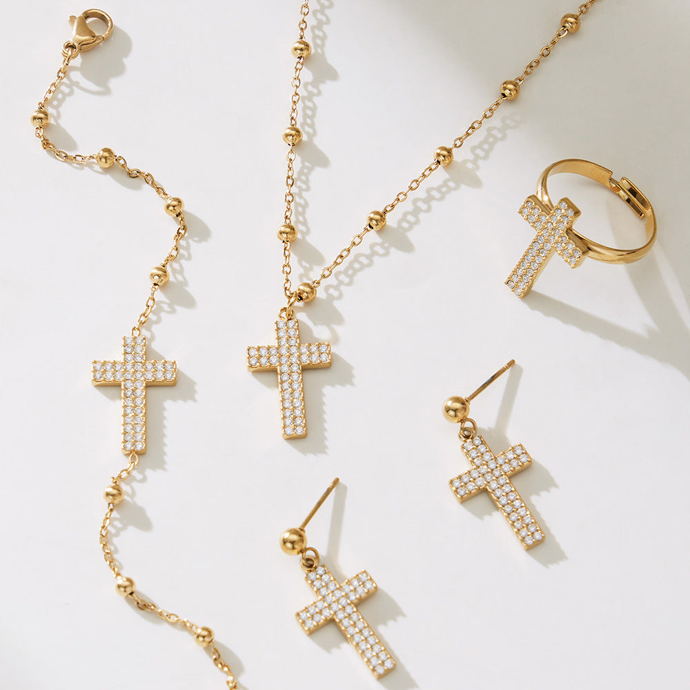 Golden Faith Cross Jewelry Set · Necklace, Earrings, Ring & Bracelet