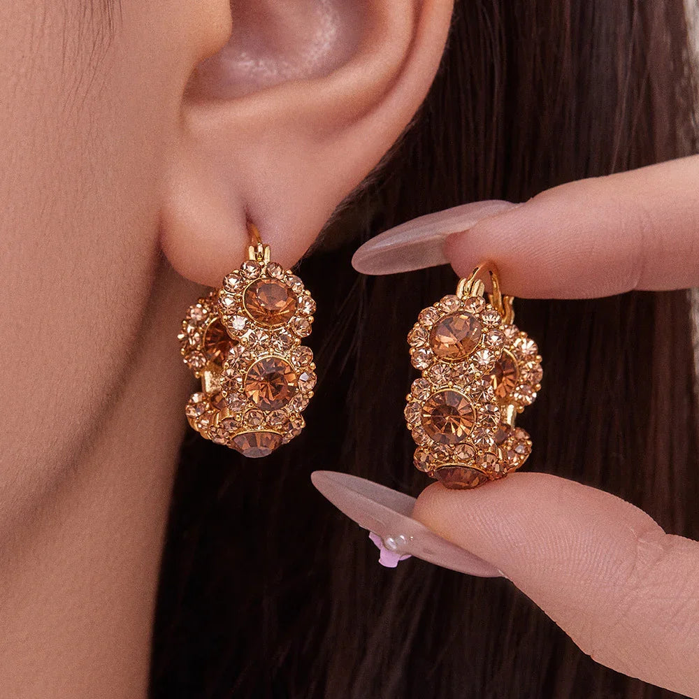Baroque Amber Crystal Hoop Earrings in Vintage Gold Finish