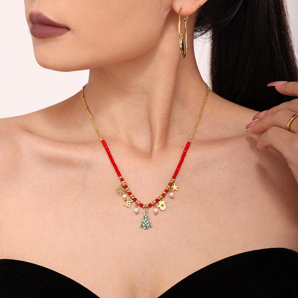 Enamel-glazed Christmas tree element necklace