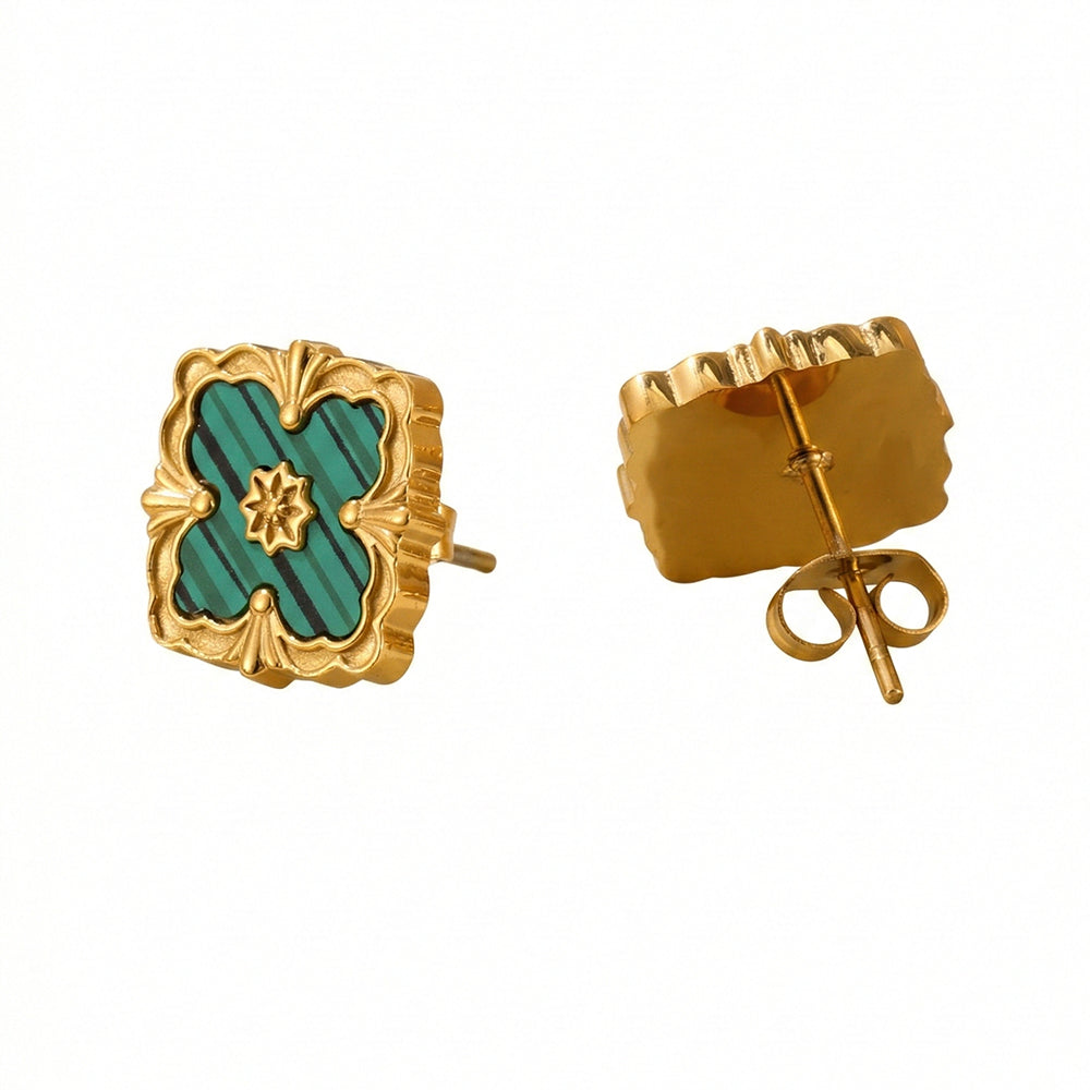 St. Patrick’s Day Lucky Green Clover Earrings in Polished Gold
